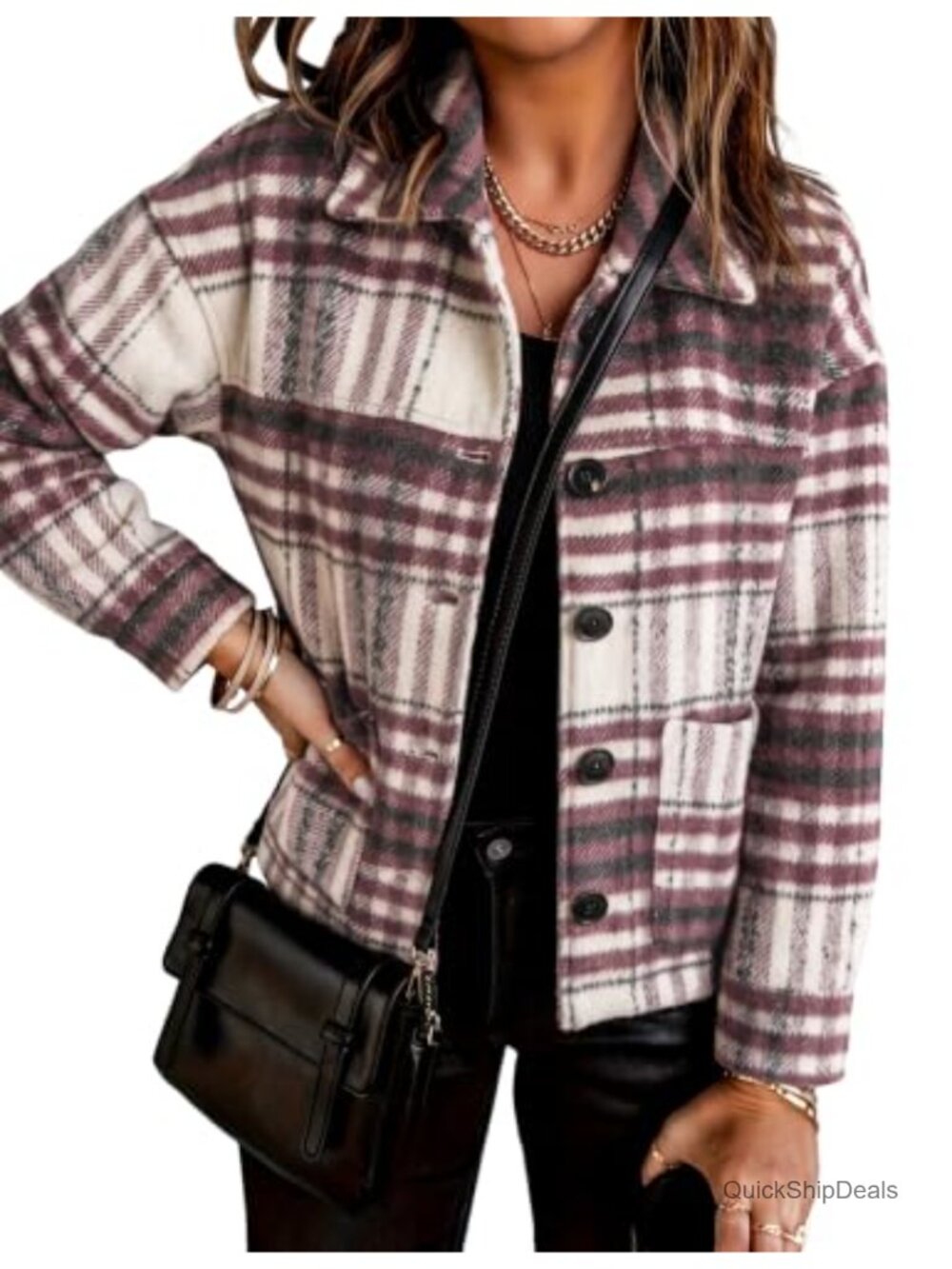 Flannel Cropped Plaid Button Down Shacket Jacket Women's Casual